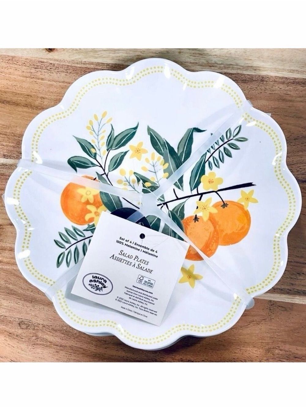NWT Gorgeous Laura Ashley Set of 4 White Oranges Melamine Salad 9” Plates